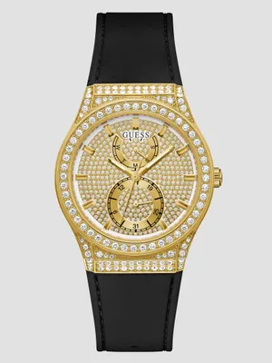 Crystal Gold-Tone and Black Silicone Multifunction Watch