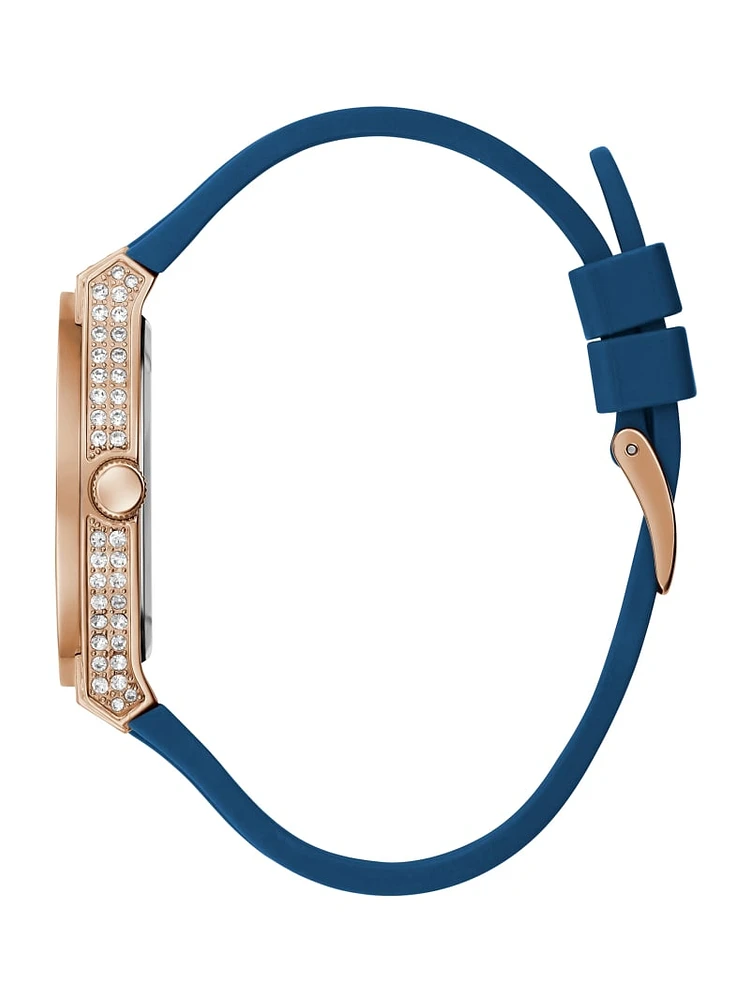 Crystal Rose Gold-Tone and Blue Silicone Multifunction Watch