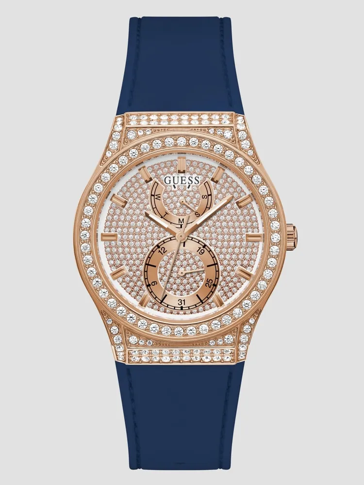 Crystal Rose Gold-Tone and Blue Silicone Multifunction Watch