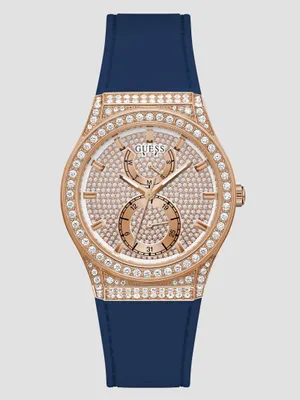 Crystal Rose Gold-Tone and Blue Silicone Multifunction Watch