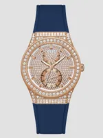 Crystal Rose Gold-Tone and Blue Silicone Multifunction Watch