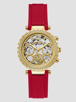 Gold-Tone and Red Silicone Multifunction Watch