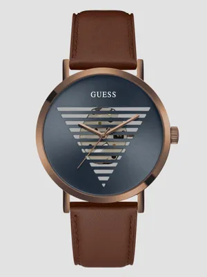Cut-Through Logo and Brown Leather Analog Watch