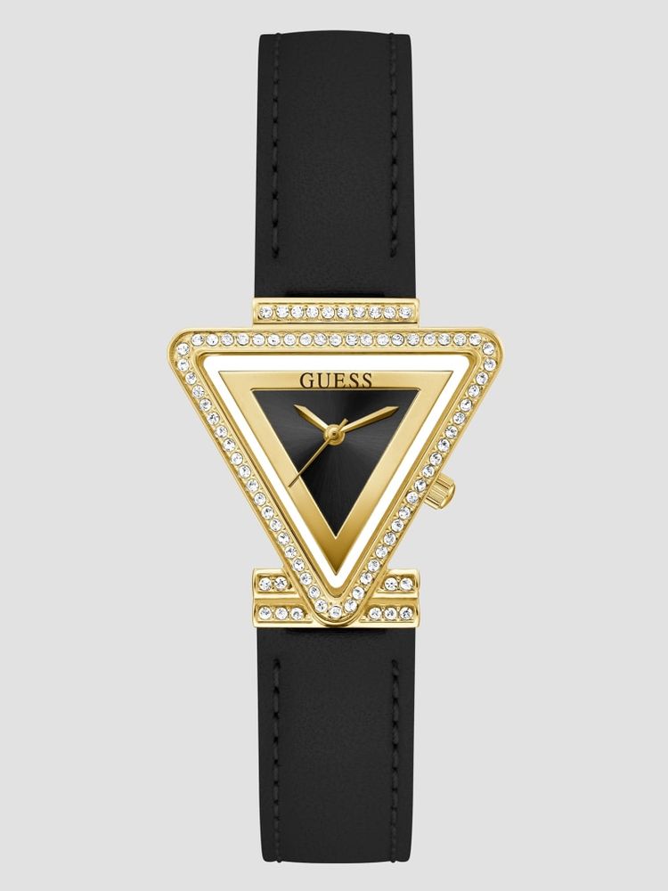 Gold-Tone Triangle and Black Leather Analog Watch