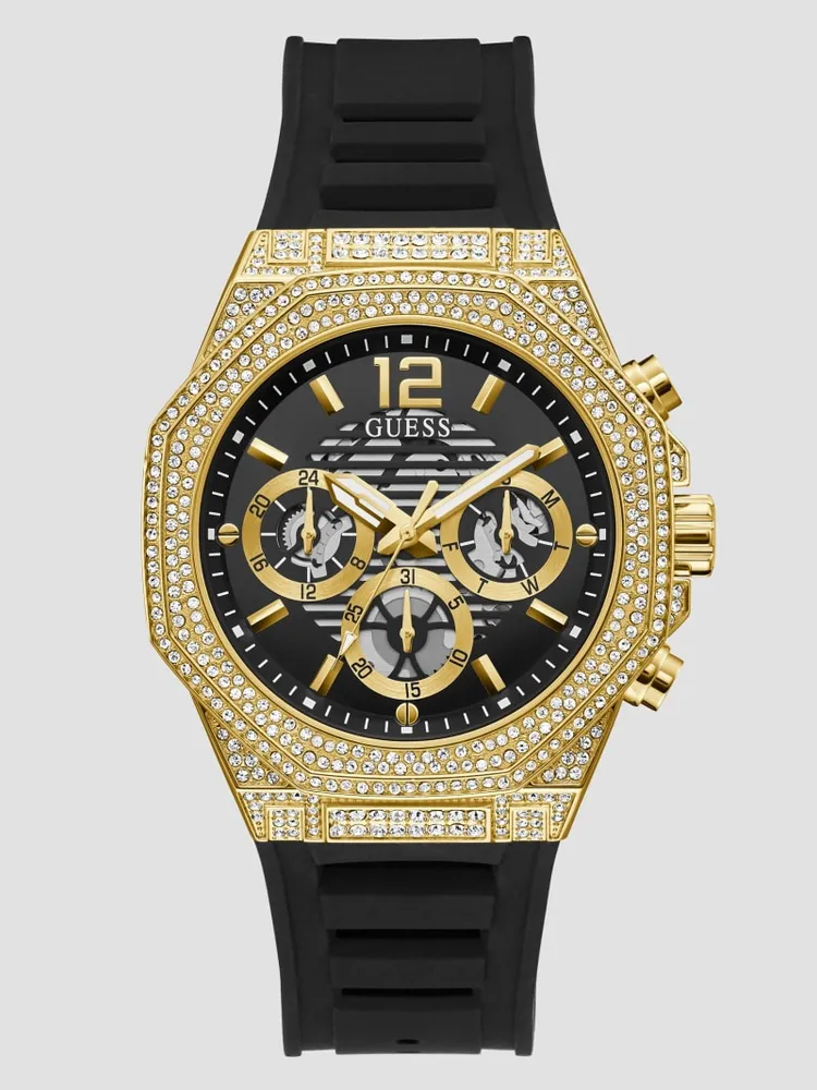 Gold-Tone and Black Silicone Multifunction Watch