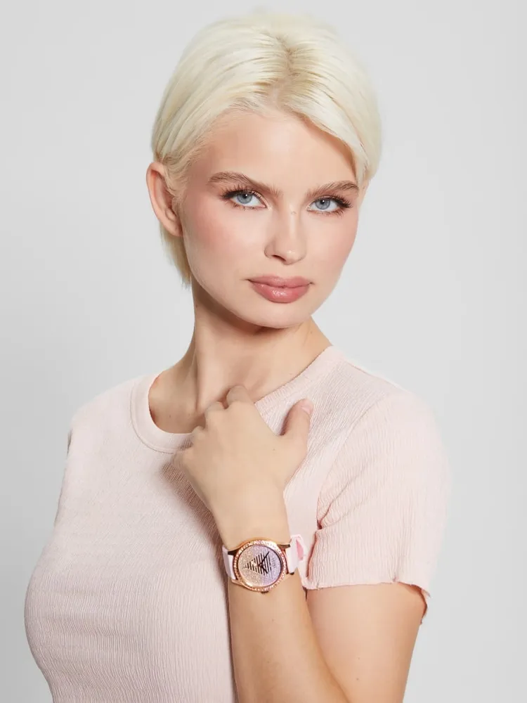 Glitter See-Through Logo and Pink Silicone Analog Watch