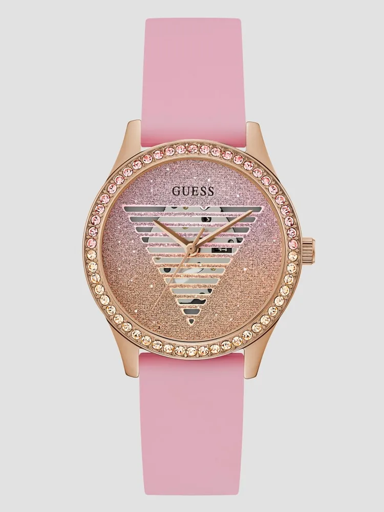 Glitter See-Through Logo and Pink Silicone Analog Watch