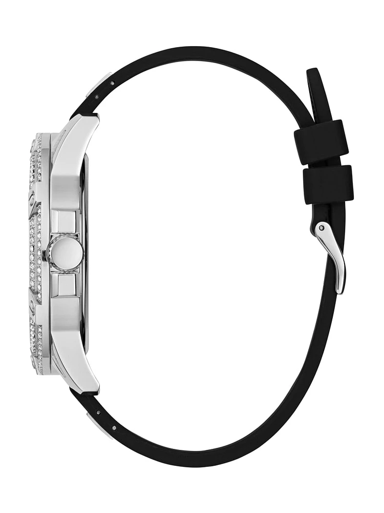 Cut-Through Silver-Tone and Black Silicone Multifunction Watch