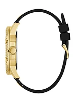 Cut-Through Gold-Tone and Black Silicone Multifunction Watch