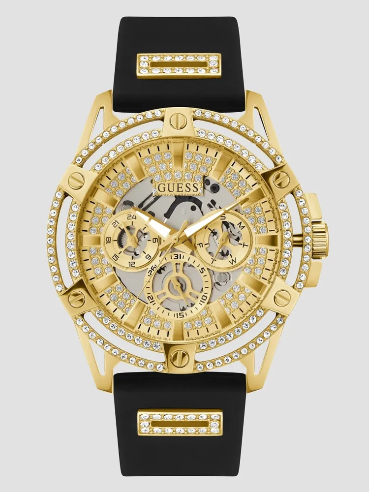 Cut-Through Gold-Tone and Black Silicone Multifunction Watch