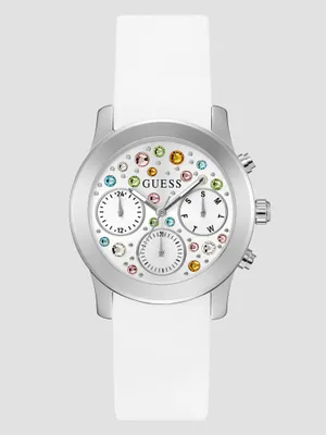 Silver-Tone and White Colored Crystal Multifunction Watch