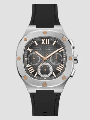 Silver-Tone and Black Silicone Multifunction Watch