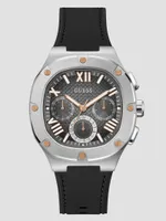 Silver-Tone and Black Silicone Multifunction Watch