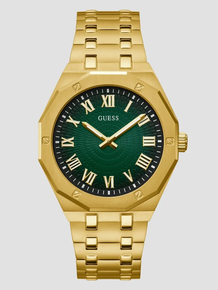 Gold-Tone and Green Sunburst Analog Watch