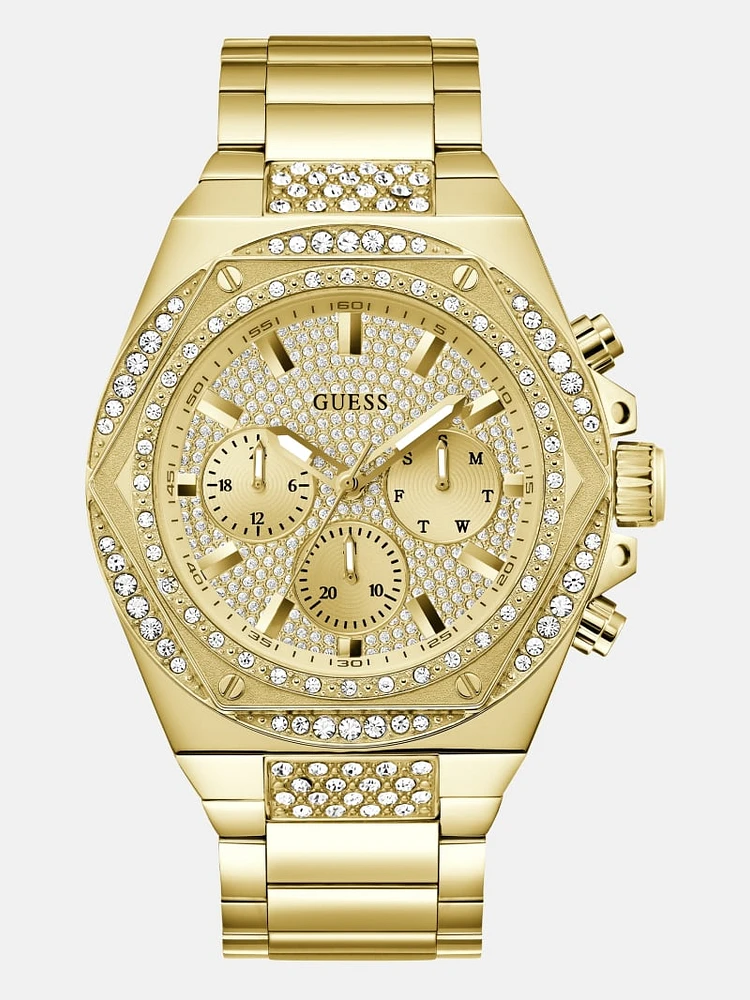 Gold-Tone Rhinestone Multifunction Watch