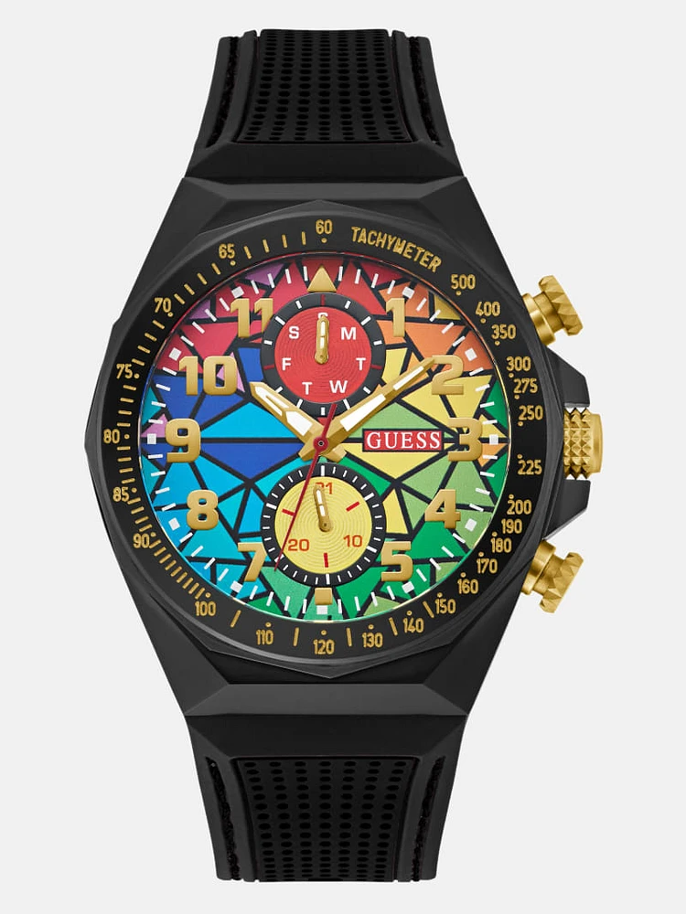 Rainbow Mosaic and Black Silicone Chronograph Watch