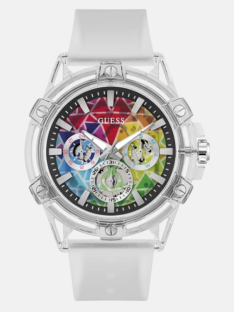 Rainbow Mosaic and White Silicone Multifunction Watch