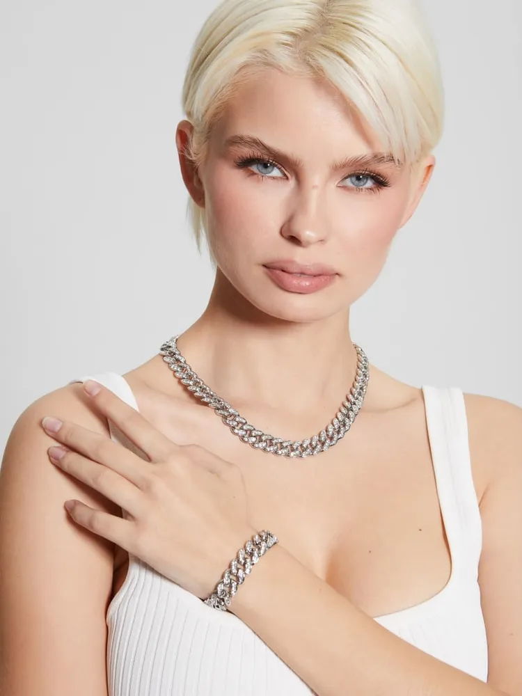 Silver-Tone Crystal Curb Chain Bracelet