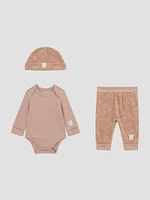 Eco Teddy Bear Bodysuit, Pants and Hat Set (0-12M)