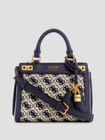 Guess Katey Faux Leather And Flocked Jacquard Satchel in Black