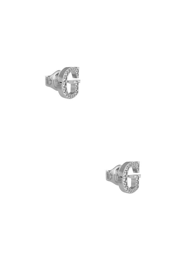Silver-Tone Rhinestone Logo Stud Earrings