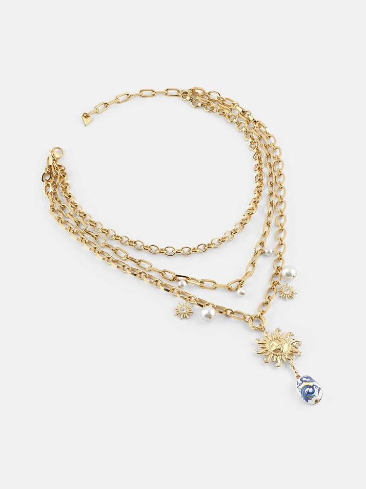 Gold-Tone Sun and Blue Ceramic Layered Necklace