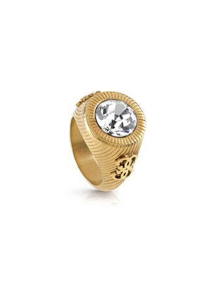 Gold-Tone Crystal Logo Ring