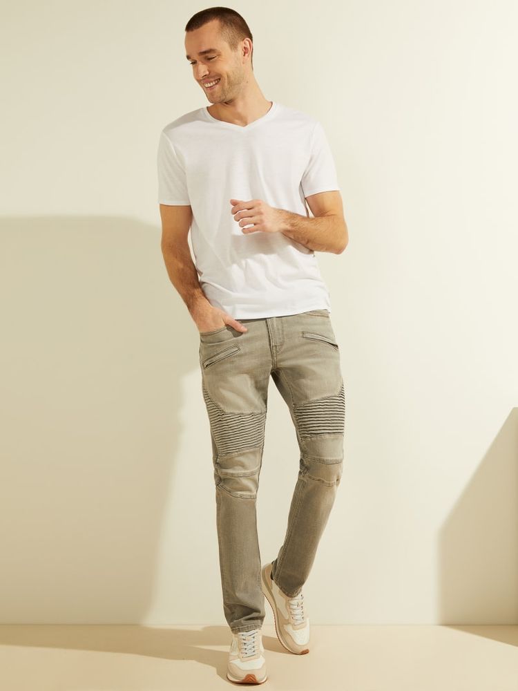 Slim Tapered Pintuck Moto Jeans