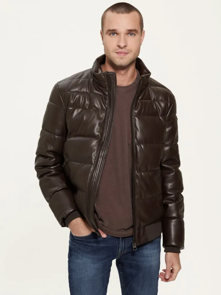 Stretch Faux-Leather Puffer Jacket