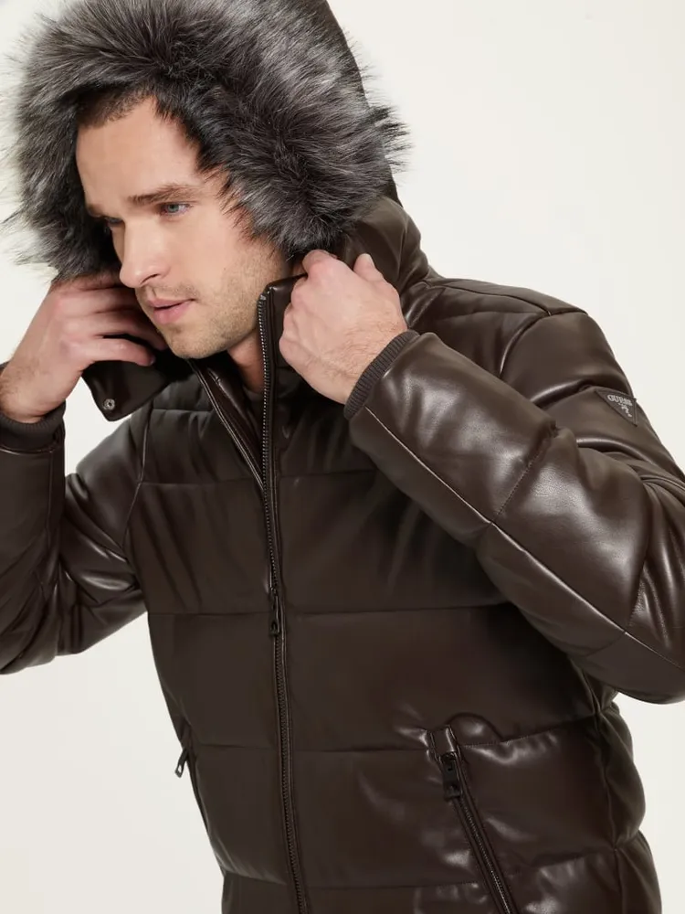 Stretch Faux-Leather Puffer Jacket