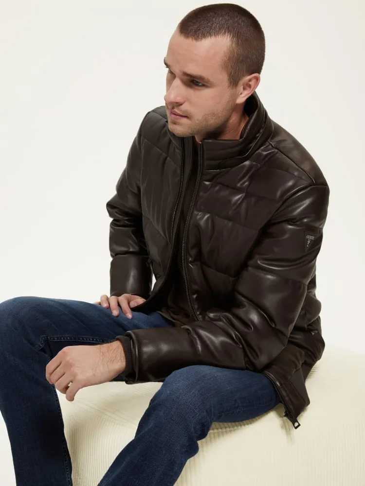 Stretch Faux-Leather Puffer Jacket