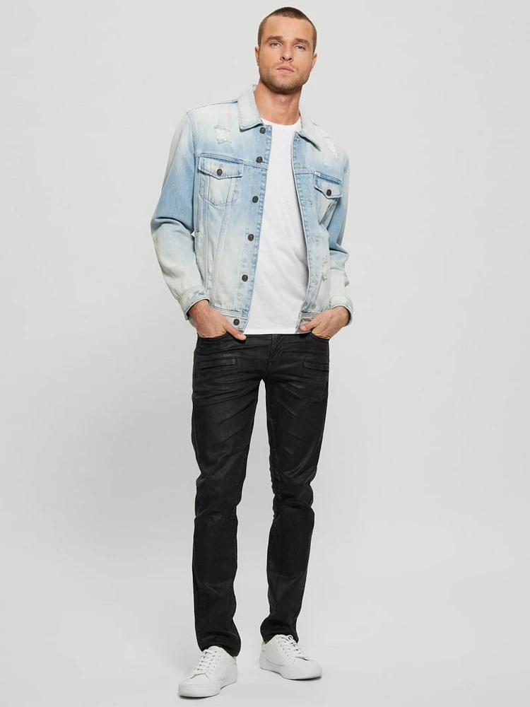 Coated Denim Tapered Zip Jeans