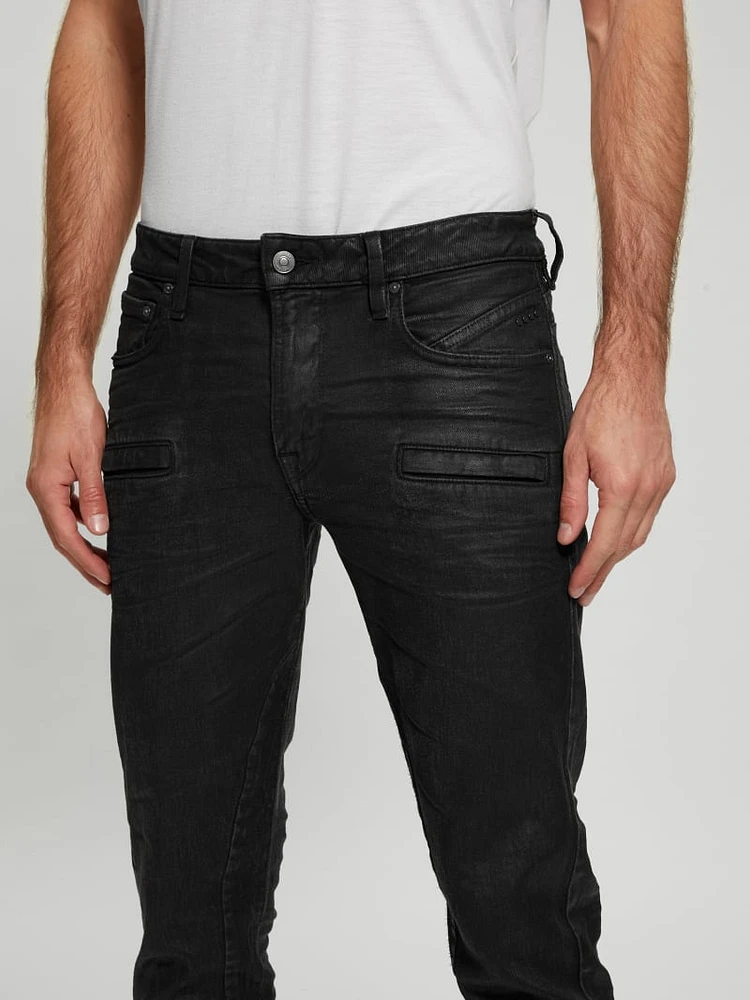 Coated Denim Tapered Zip Jeans