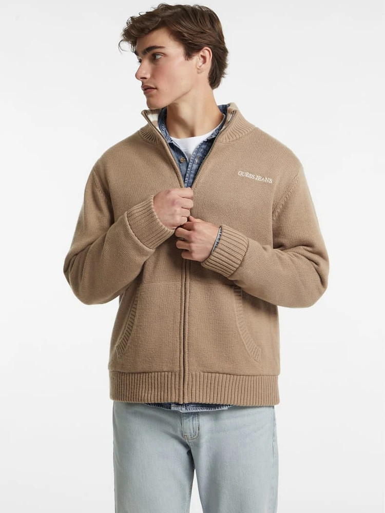 Wool-Blend Logo Zip-Up Sweater