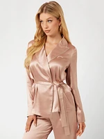 Satin Embellished Wrap Top and Pants PJ Set