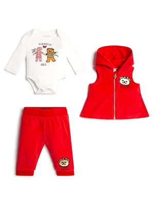 Teddy Bear Holiday Vest, Bodysuit and Joggers Set (0-24M)