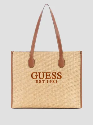 Buy Guess SILVANA Logo Embroidered Tote Bag In Brown