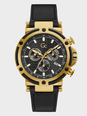 Gc Gold-Tone and Black Leather Chronograph Watch.