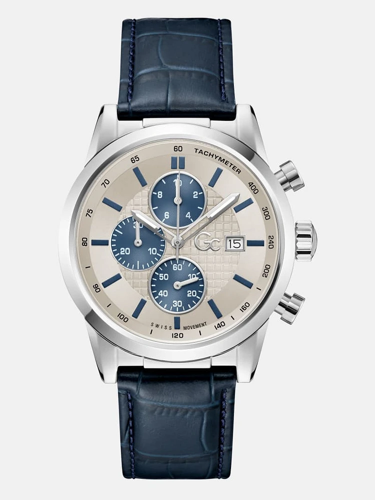 Silver-Tone Multifunction Leather Watch