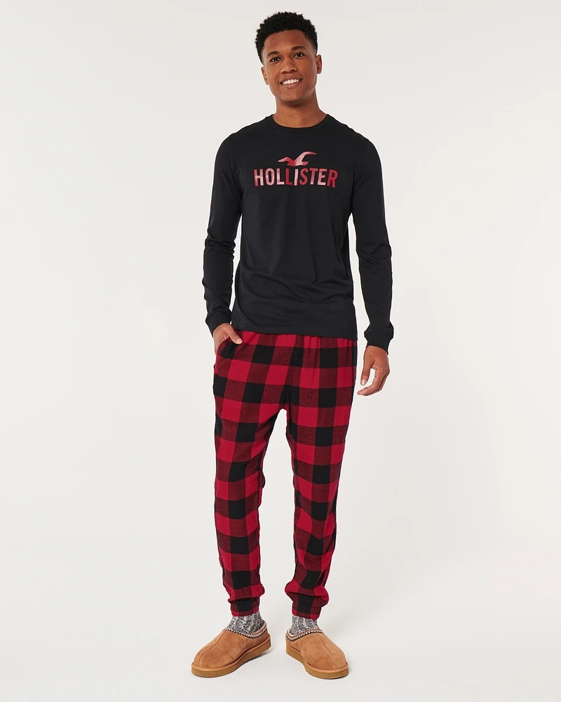 Long-Sleeve Logo Graphic Tee & Flannel Pajama Pants Set