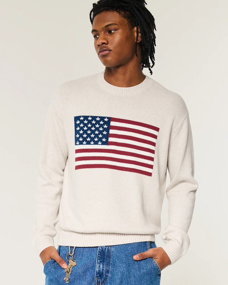 Relaxed American Flag Graphic Crew Sweater