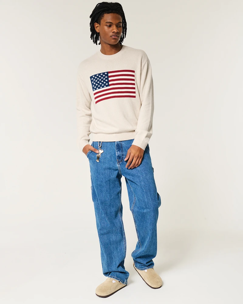 Relaxed American Flag Graphic Crew Sweater