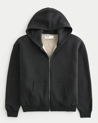 Boxy Faux Shearling-Lined Zip-Up Hoodie