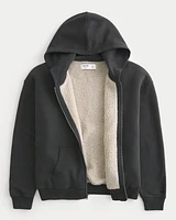 Boxy Faux Shearling-Lined Zip-Up Hoodie