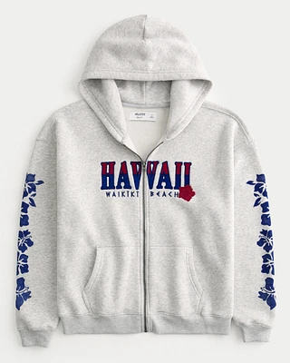 Boxy Waikiki Hawaii Graphic Zip-Up Hoodie