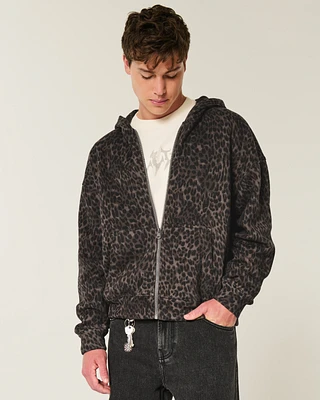 Boxy Zip-Up Leopard Print Hoodie