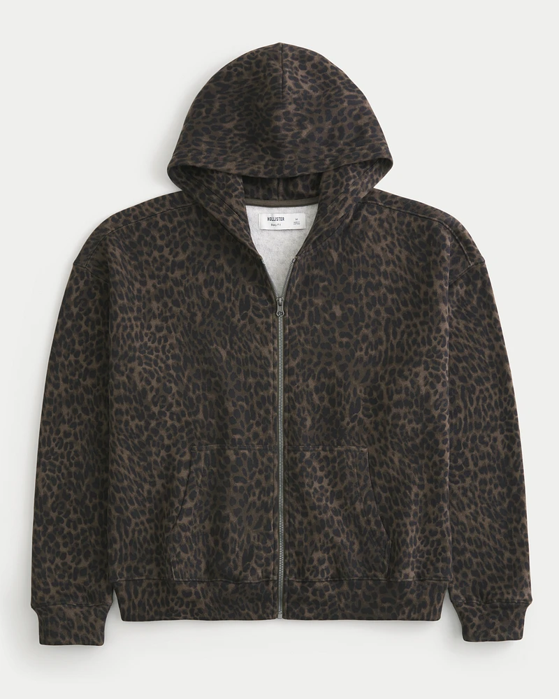 Boxy Zip-Up Leopard Print Hoodie