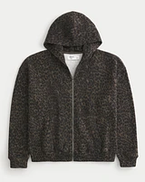 Boxy Zip-Up Leopard Print Hoodie