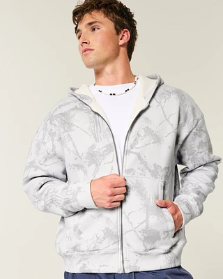 Boxy Waffle-Lined Zip-Up Hoodie