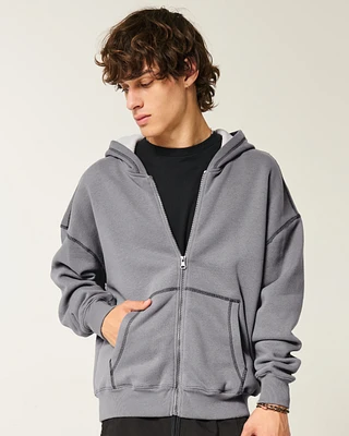 Boxy Waffle-Lined Zip-Up Hoodie